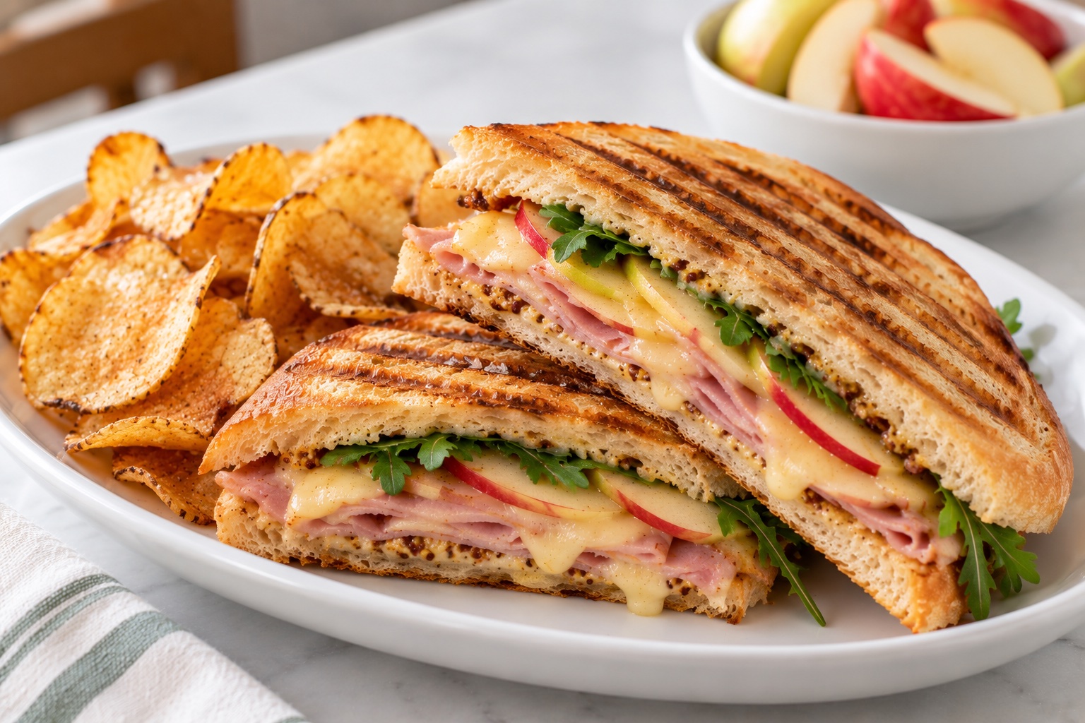 Apple Ham Panini cut in half on a platter with kettle chips and sliced apples
