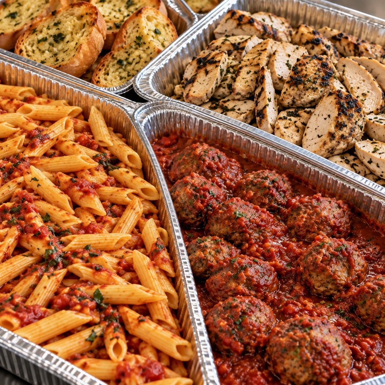 Catering pans of penne in red sauce, meatballs, grilled chicken and garlic bread